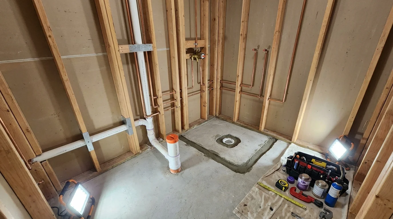 Bathroom rough-in plumbing during remodel by Johns Plumbing LLC in Pulaski