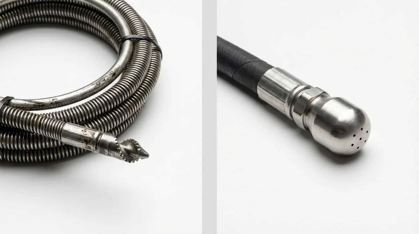 Drain snake cable and hydro jetting nozzle used for drain cleaning in Pulaski, WI