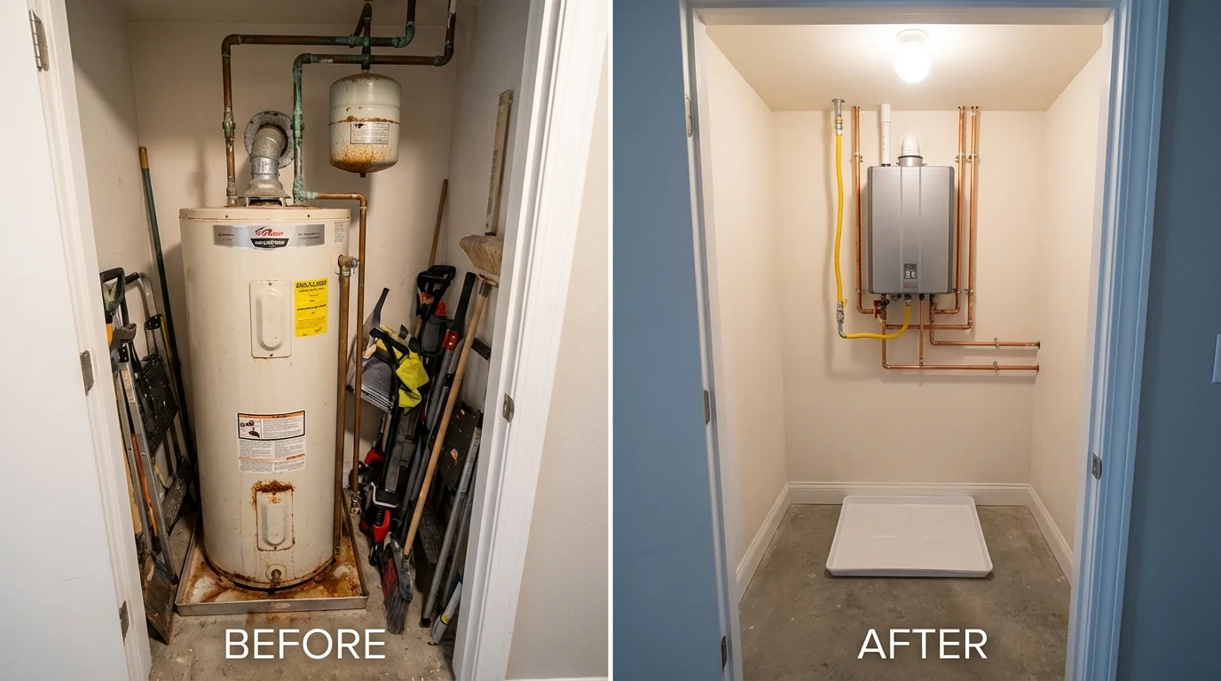 Tank water heater versus wall-mounted tankless unit comparison for Pulaski, WI homeowners