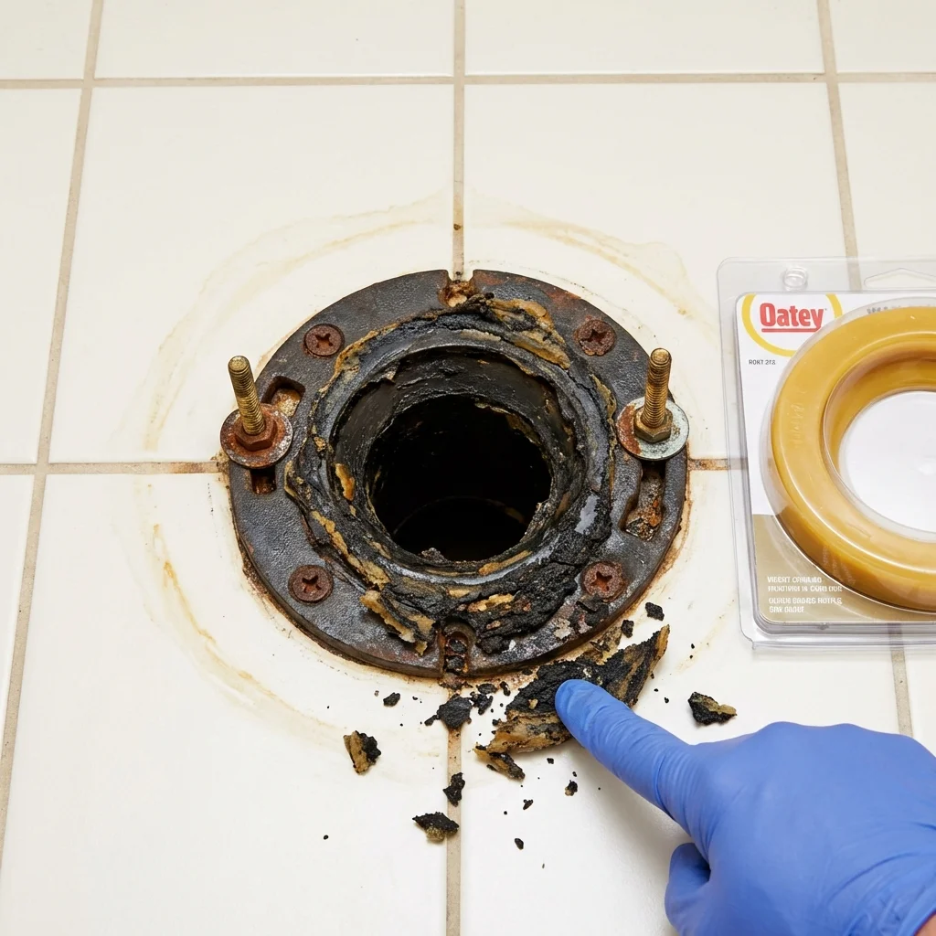 Failed wax ring showing water seepage at the base of a toilet in a Pulaski, WI home