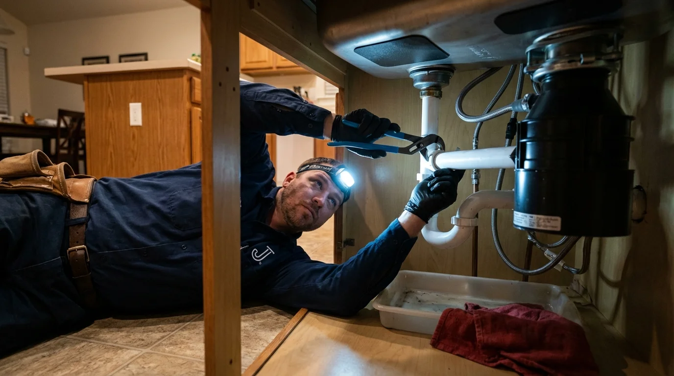 P-trap and supply line connections under a kitchen sink showing a common leak point in Pulaski, WI